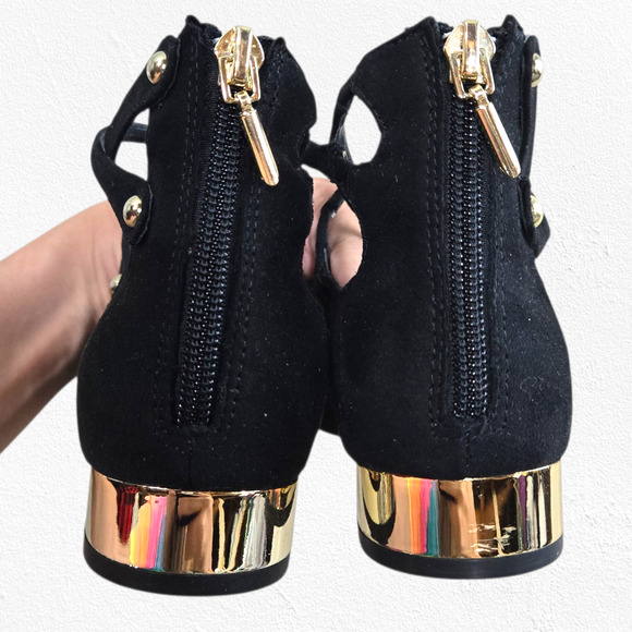 Aldo Black Suede Marieta Lace-Up Flats Gold Heel Zip Ballet Shoes Size 6.5 NWT - Picture 5 of 13